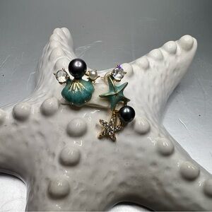 Unique Starfish and Shell Earrings with Real Freshwater Pearls